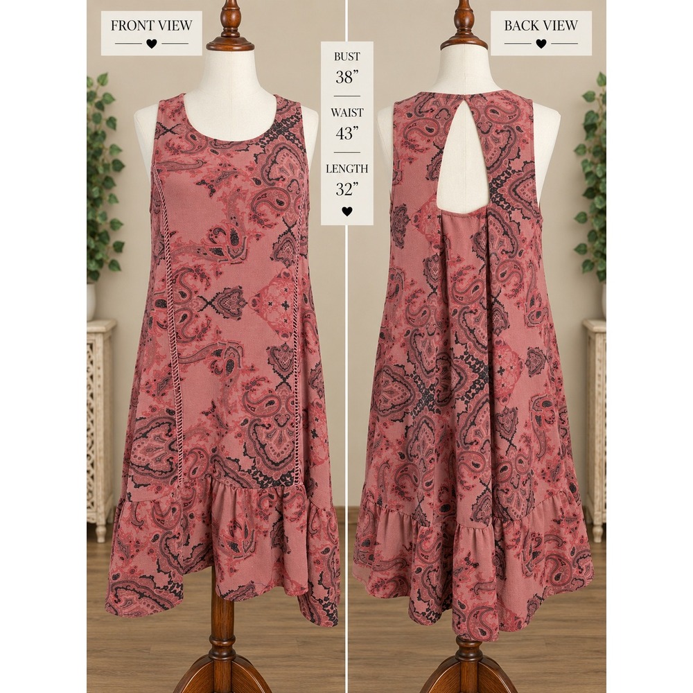 Altar'd State Womens Medium Paisley Boho Ruffle High Low Keyhole Dress